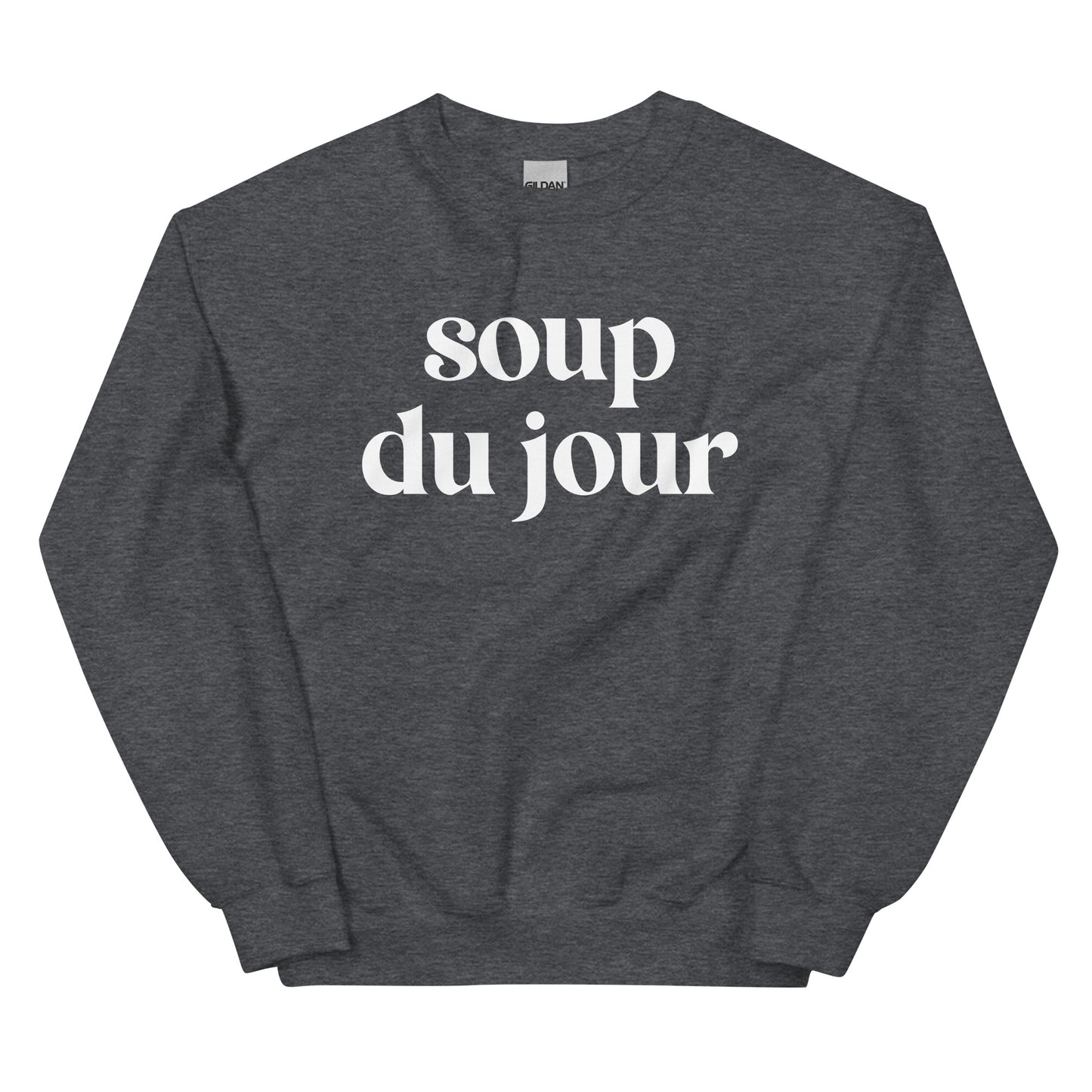 Gray Soup Du Jour Sweatshirt - Love soup? Our Soup Du Jour Crewneck Sweatshirt is super soft, cozy and expertly printed just for you! Eat your favorite soup in this funny sweatshirt or give it as a gift for your favorite soup enthusiast. 
