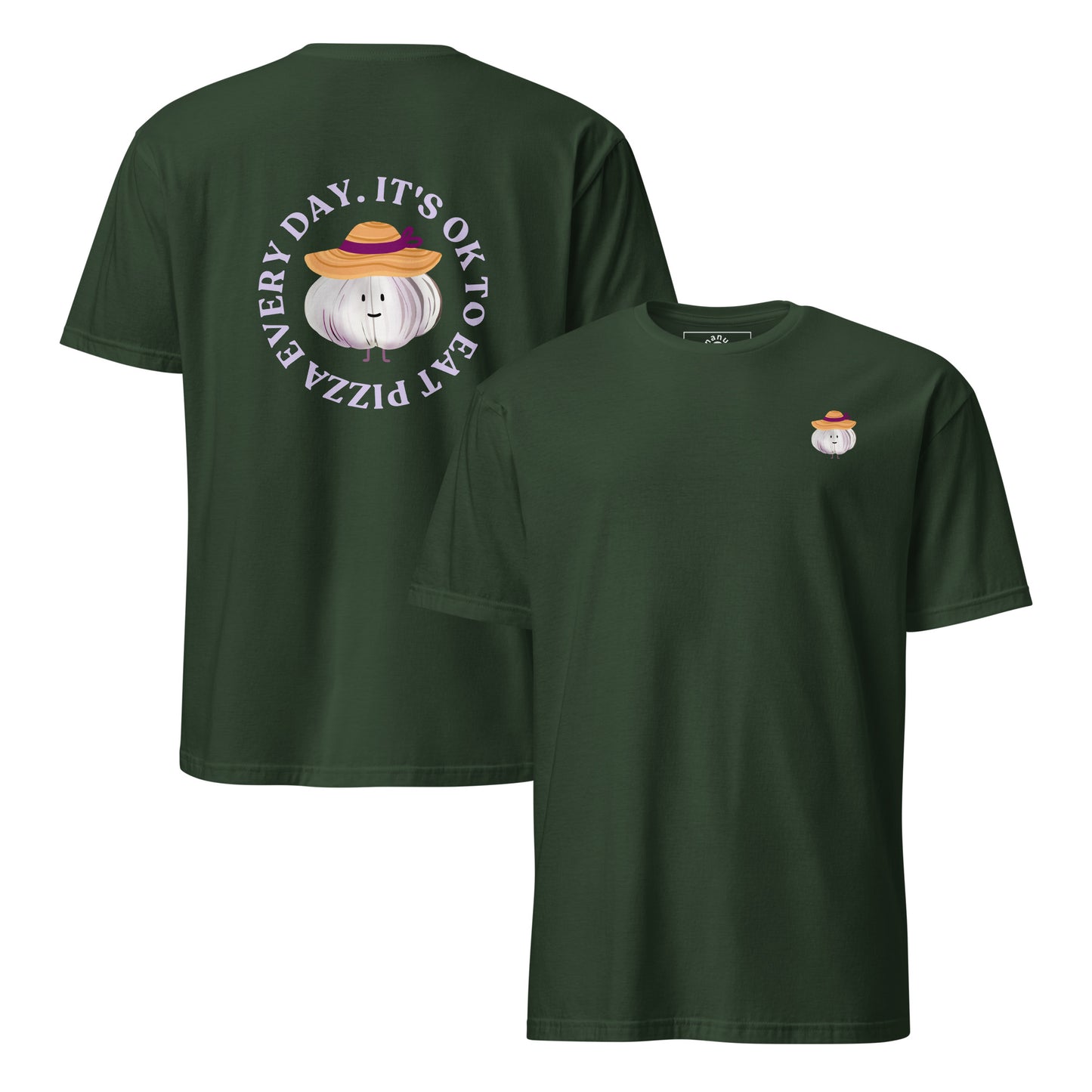 Front and Back of green foodie t-shirt with garlic character wearing a sun hat and a pizza saying.
