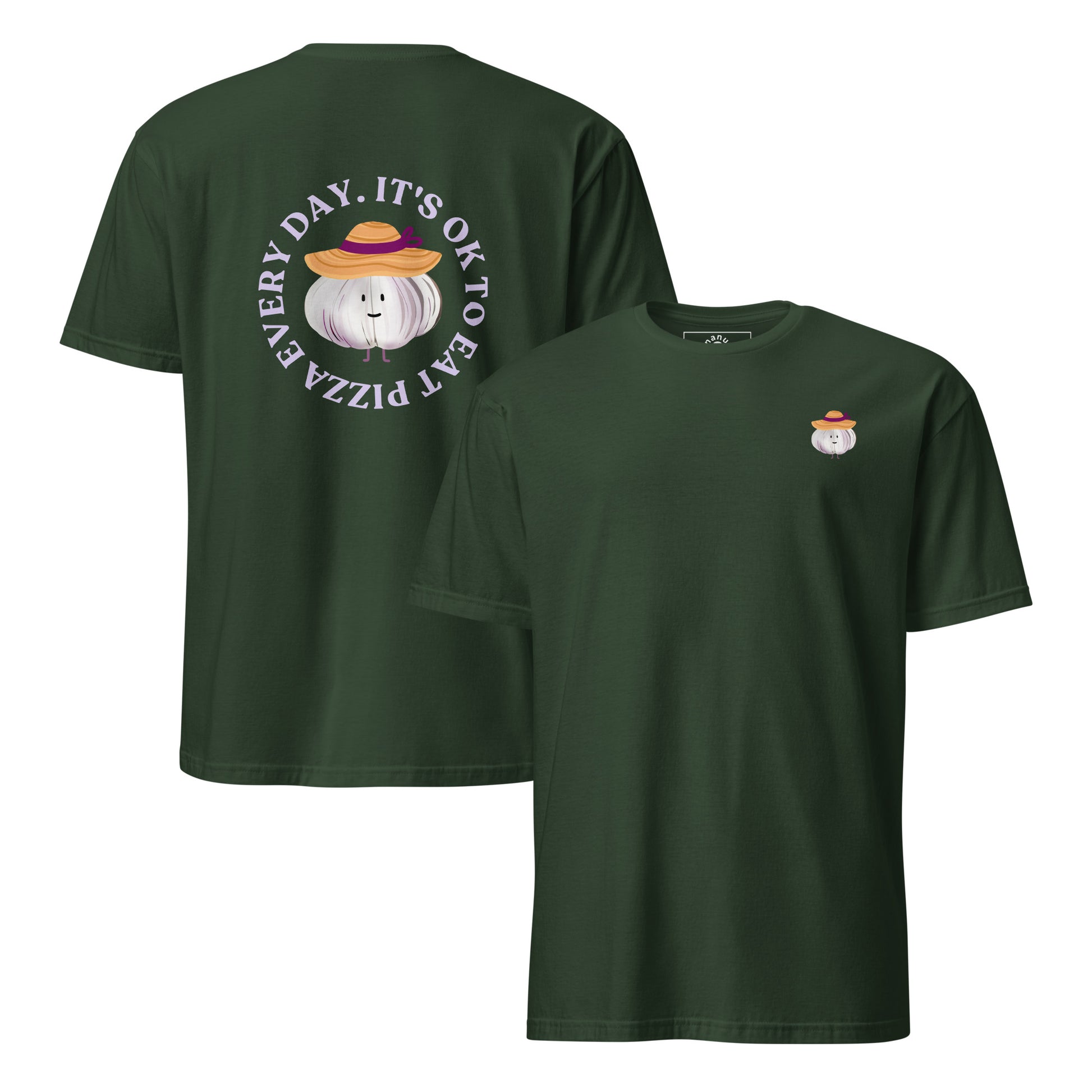 Front and Back of green foodie t-shirt with garlic character wearing a sun hat and a pizza saying.