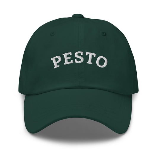 Green hat with pesto embroidered on it
