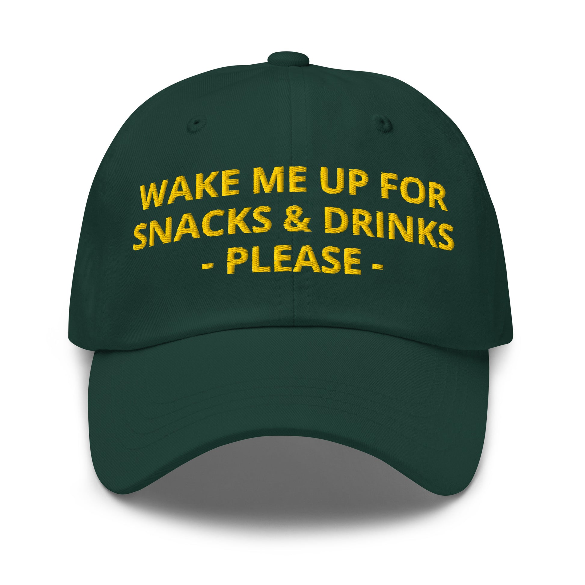Green wake me up for snacks and drinks please hat