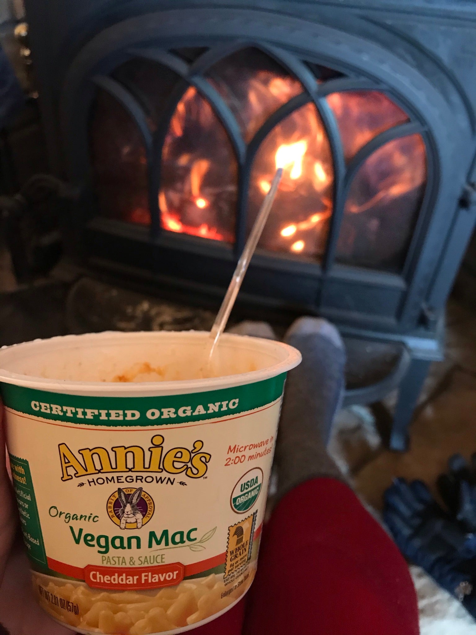 Is Annie's Mac and Cheese Vegan? YES! They now offer vegan options and they're pretty good. This is the organic cheddar Annie's vegan mac and cheese in a cup by the fire. A childhood classic that showed up with plant based options. Thank you Annie's!