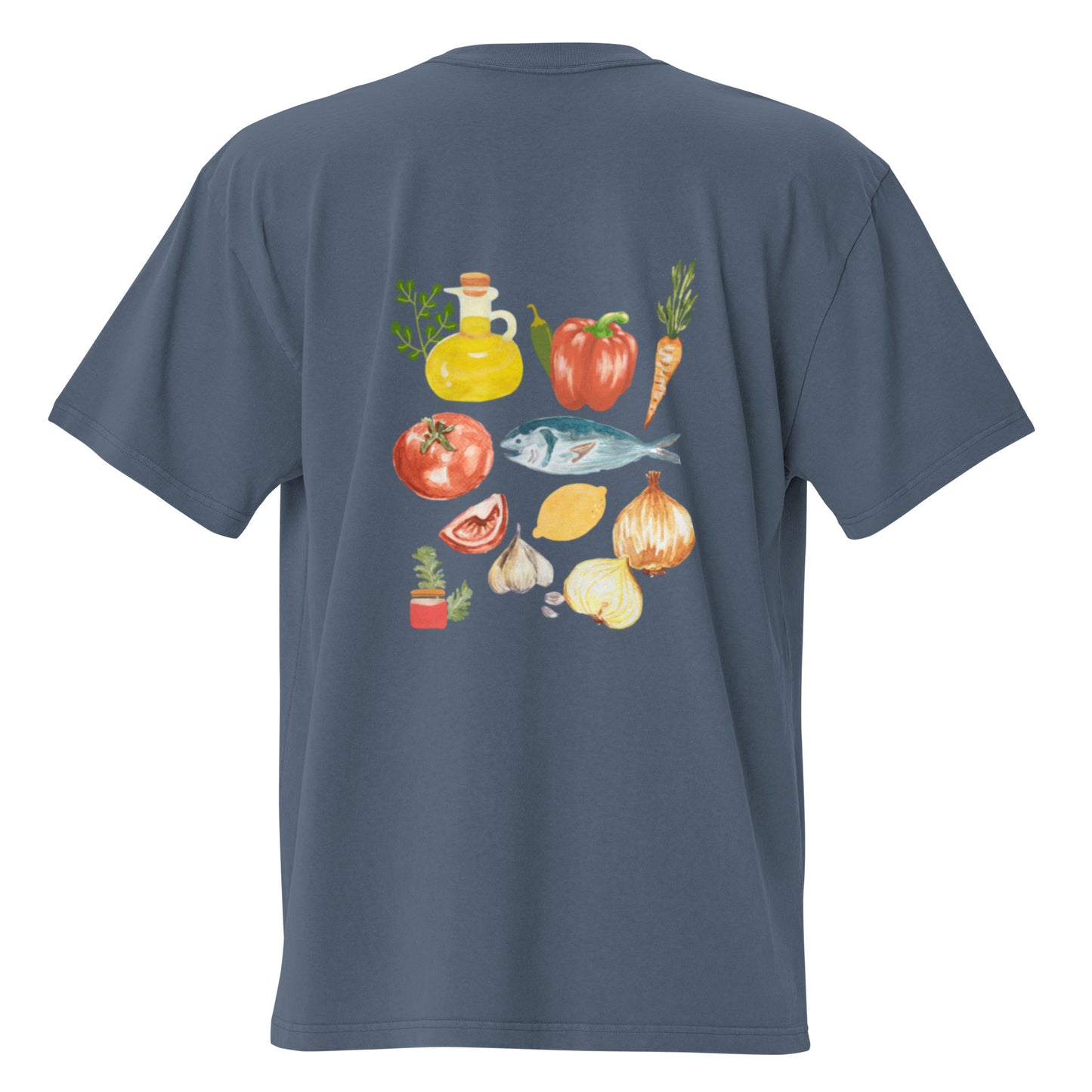 Indigo graphic tee with colorful ingredients graphic
