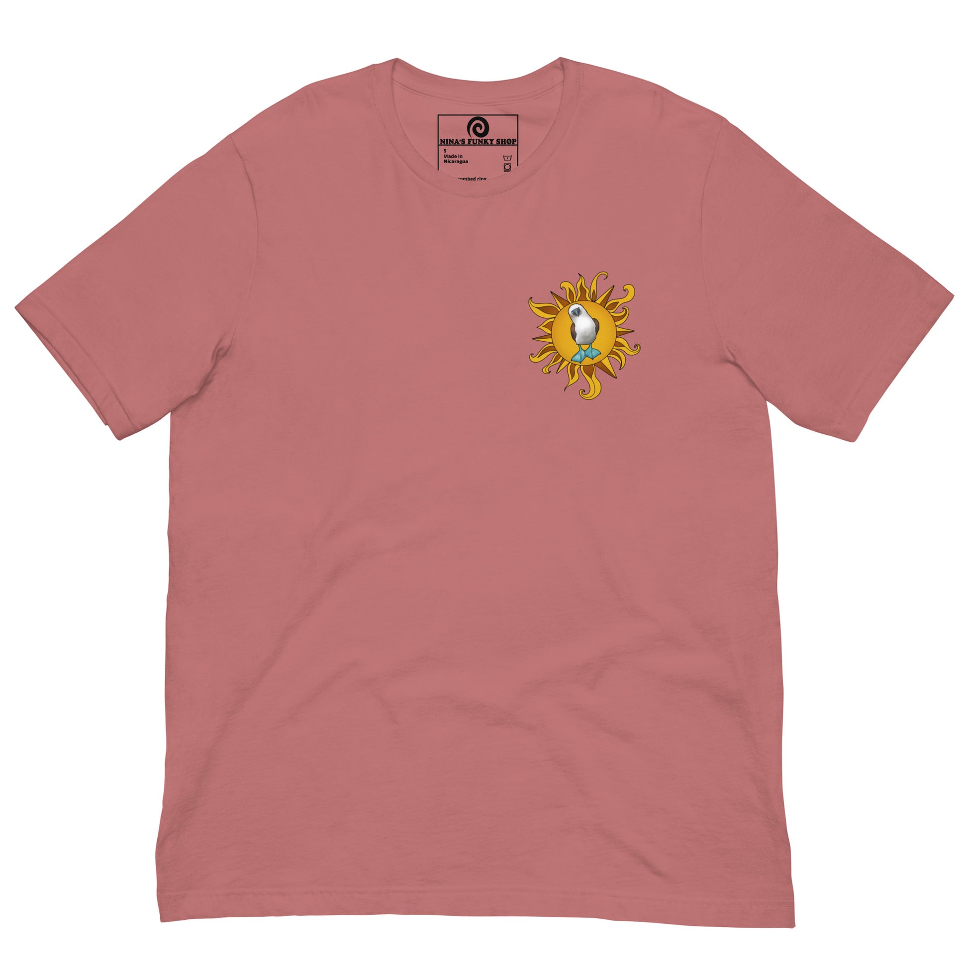 Flat mauve color t-shirt with a small blue-footed booby and sun design on the front 