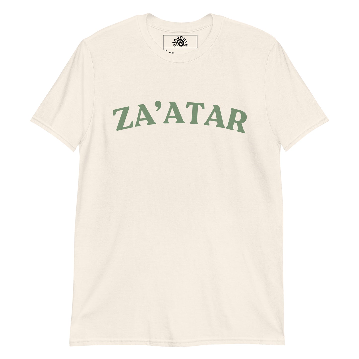 Natural color t-shirt with za’atar written in varsity design