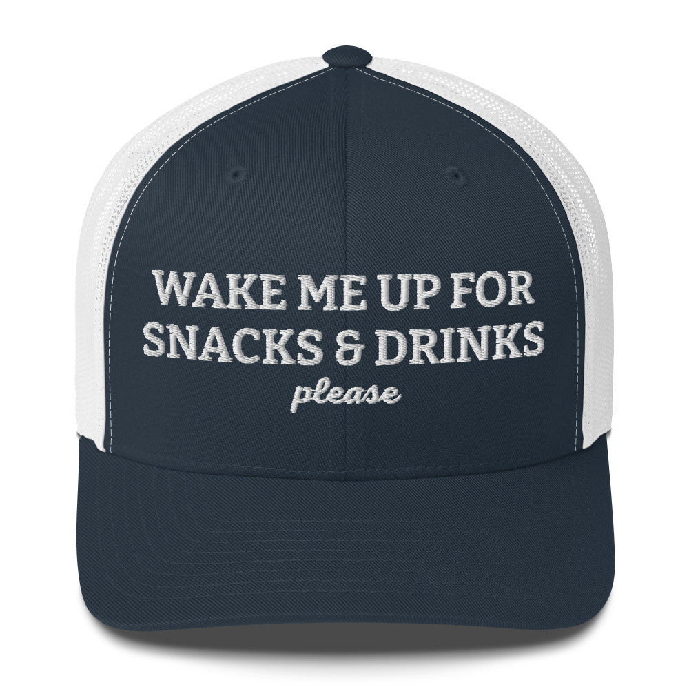 Navy and White Wake Me Up For The Snacks And Drinks Please Trucker Hat