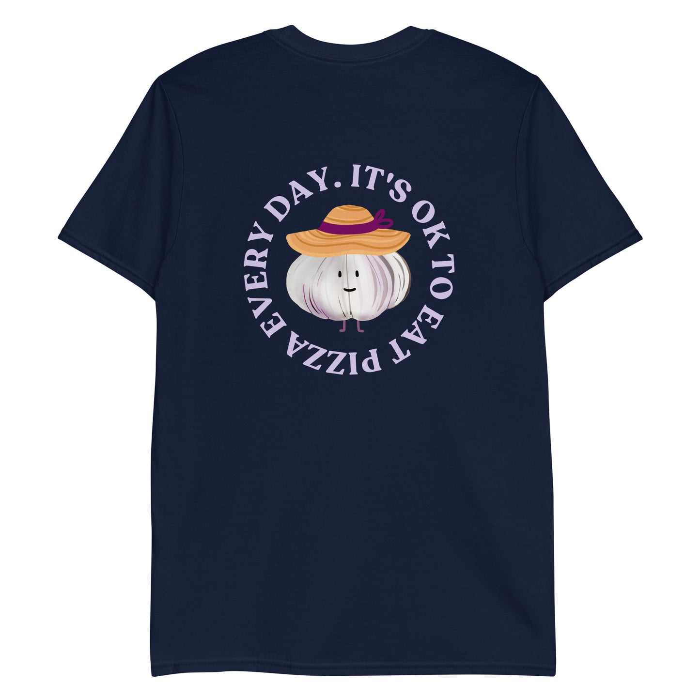Navy foodie t-shirt with garlic character wearing a sun hat and a pizza saying.