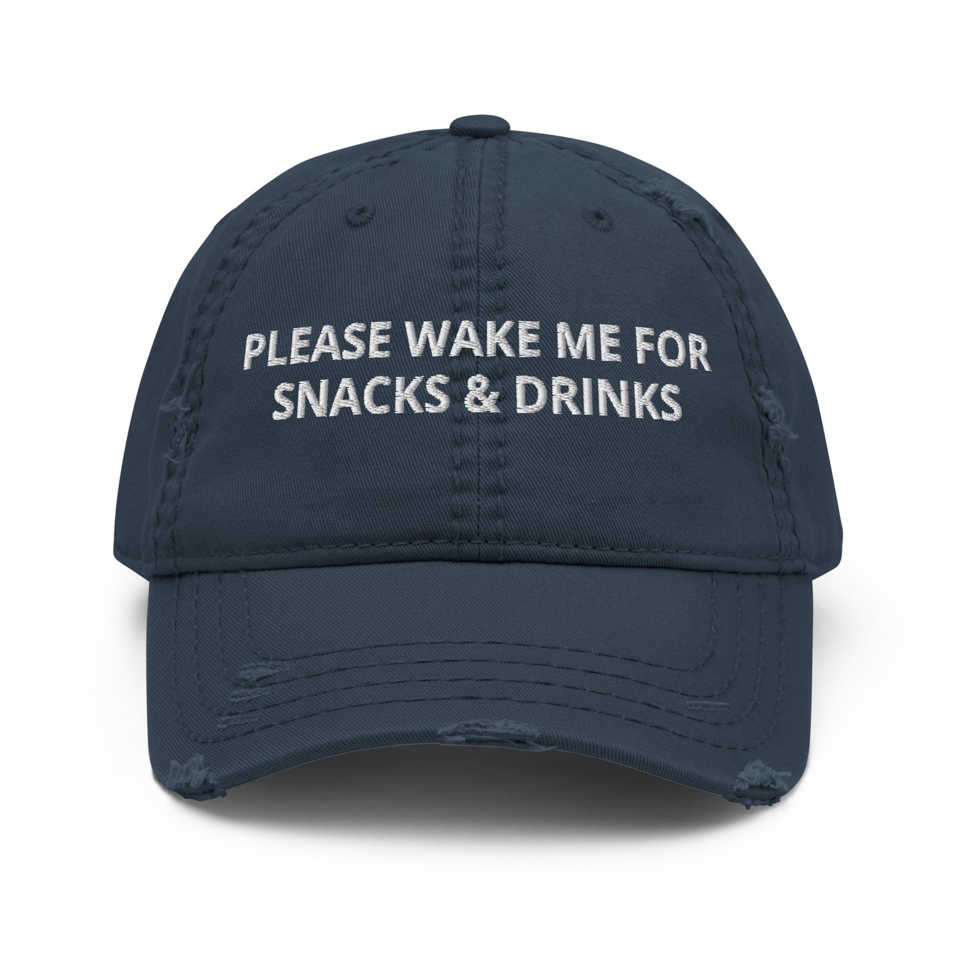 Navy please wake me up for snack and drinks distressed hat for plane travel