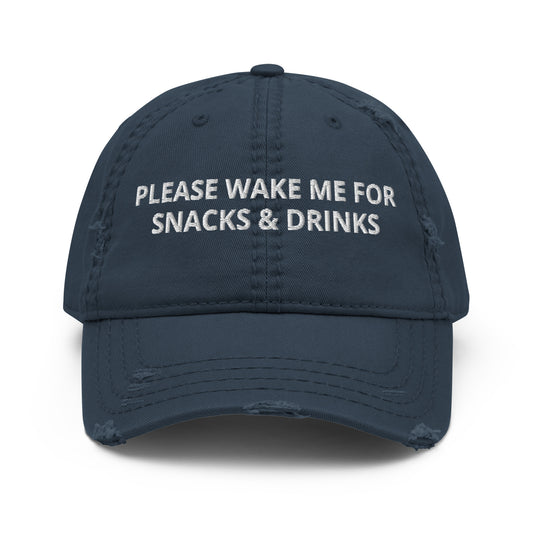 Navy please wake me up for snack and drinks distressed hat for plane travel