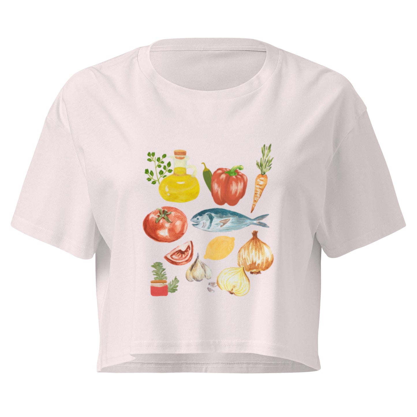 Orchid graphic cropped t-shirt with colorful foodie graphic