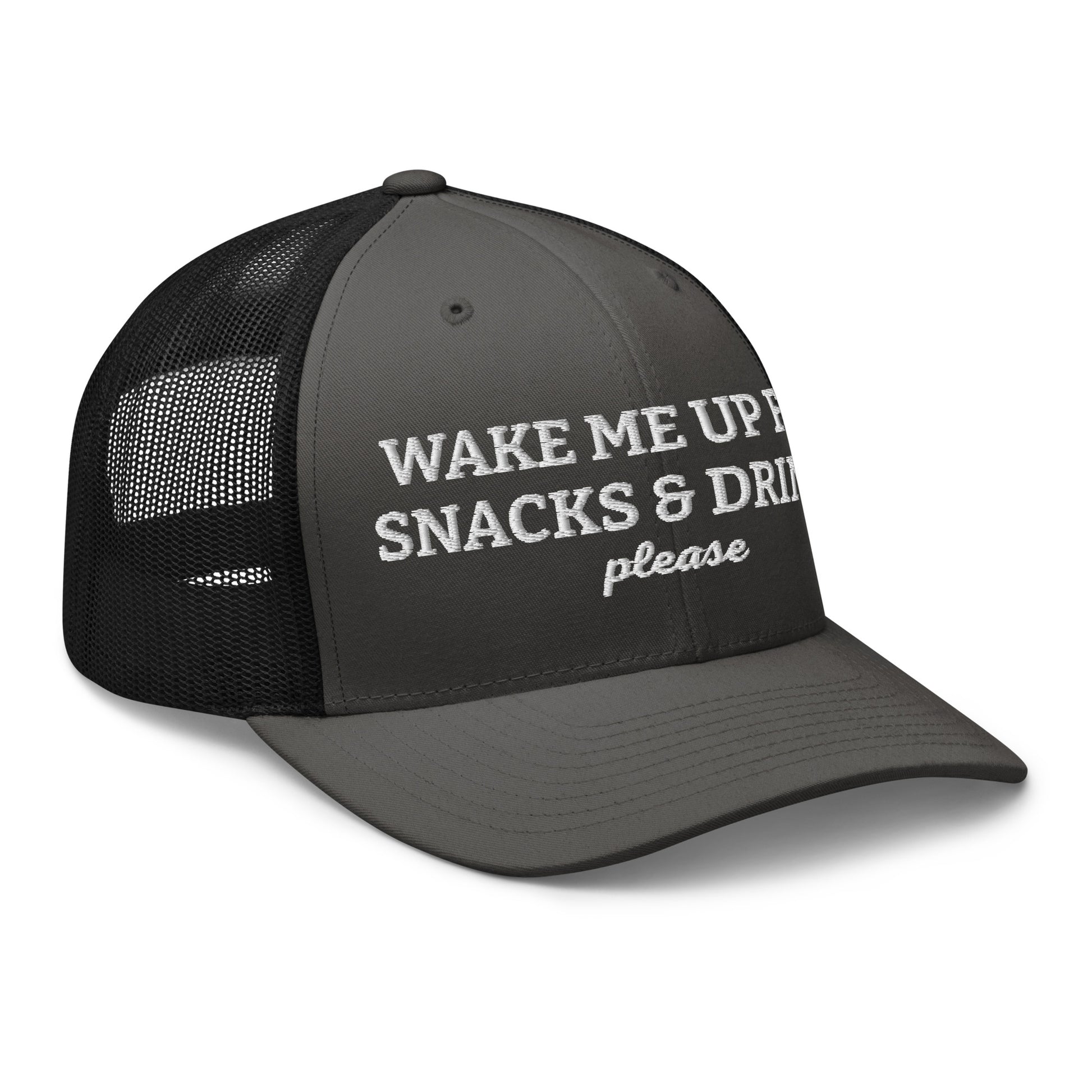 Side view of the gray and black Wake Me Up For The Snacks And Drinks Please Hat