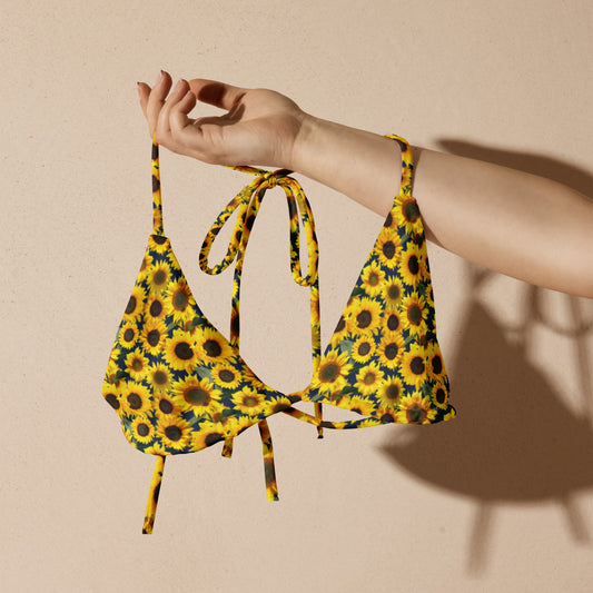 Sunflowers Recycled Bikini Top with Navy Background