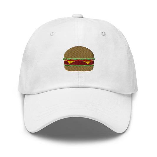 White embroidered burger hat