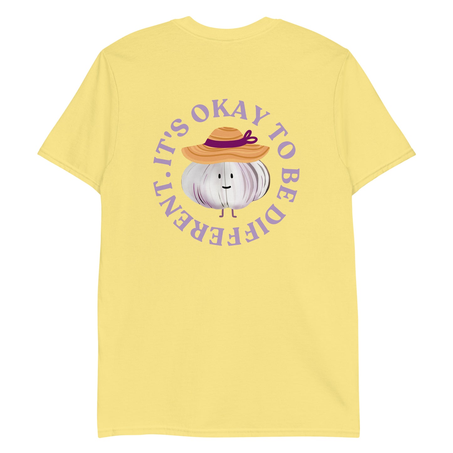 Yellow It's Okay to Be Different T-Shirt with cute garlic character with a sun hat