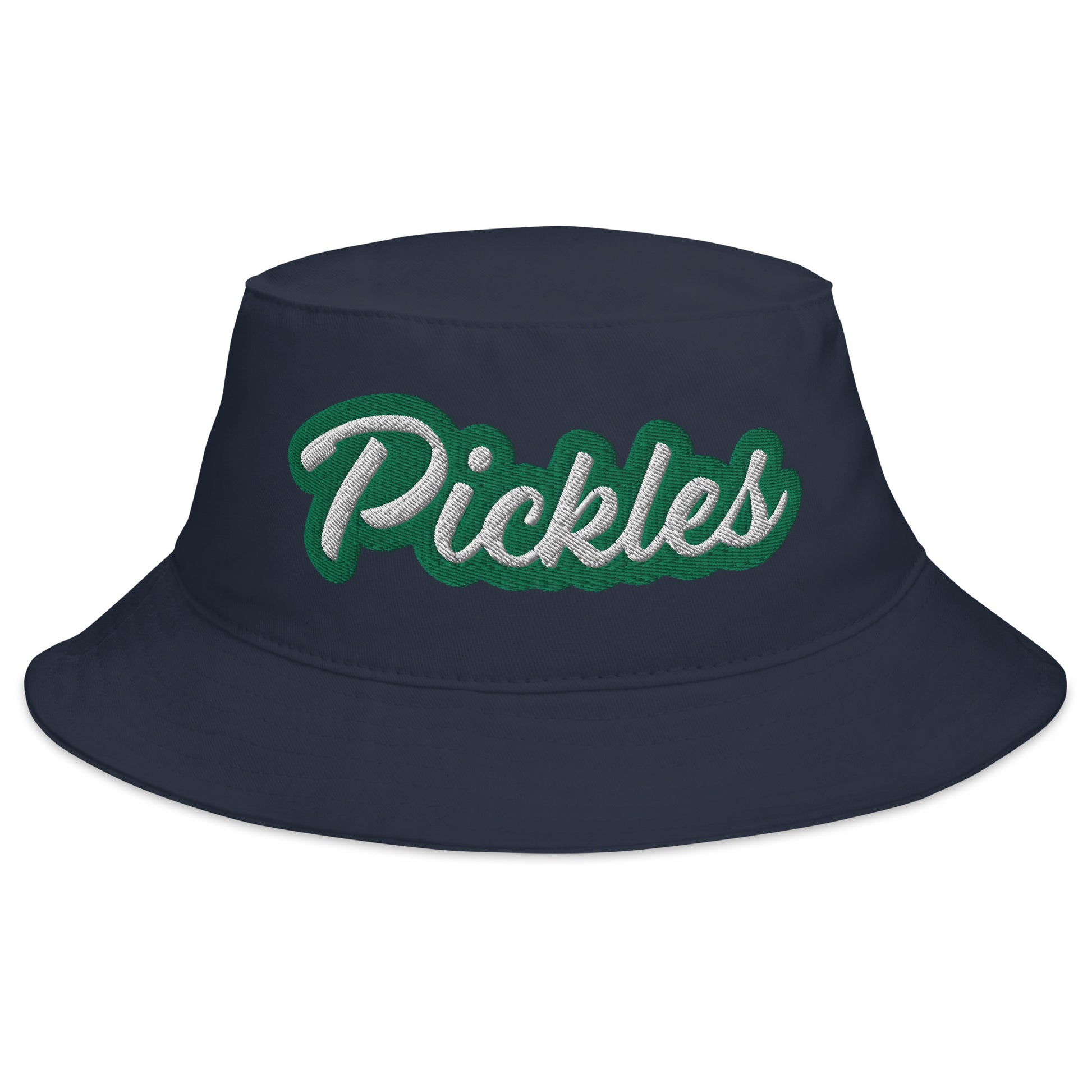 Navy blue bucket hat with green and white embroidery for pickle lovers - A pickle bucket hat for everyday. Make a statement and eat your favorite pickles in style in this funny foodie pickles bucket hat. It's unique, funny and embroidered just for you and the pickle lovers in your life. This pickle lover hat is a mix of weird and trendy foodie style that's only available at Nina's Funky Shop. 