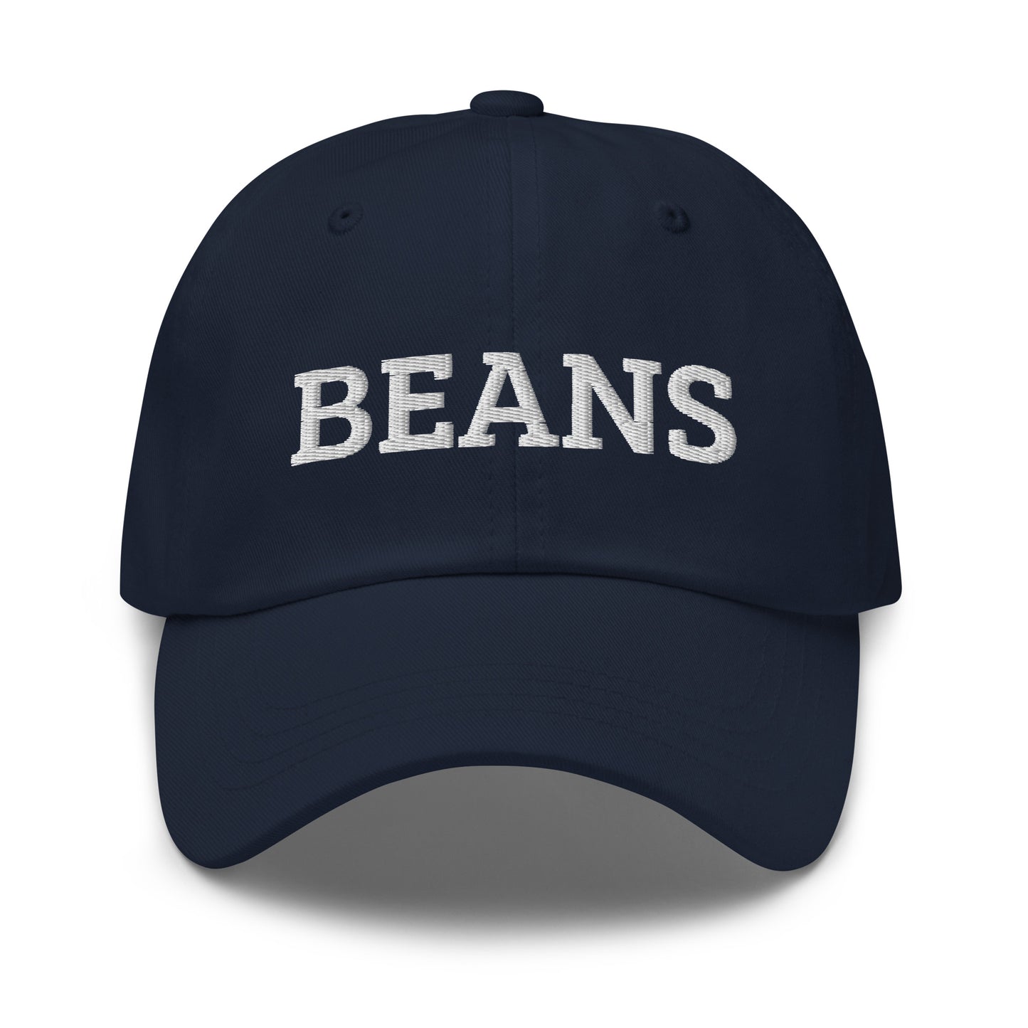 Navy blue Beans Dad Hat from Nina's Funky Shop by ninanush - Love beans? Looking for a funny foodie gift? This dad hat is not just for dads! Our Beans Hat is the best funny foodie hat and just what you need. This classic unisex dad hat has a low profile, adjustable strap, and a curved visor. Eat your favorite beans and add a little personality to your everyday funky style.
