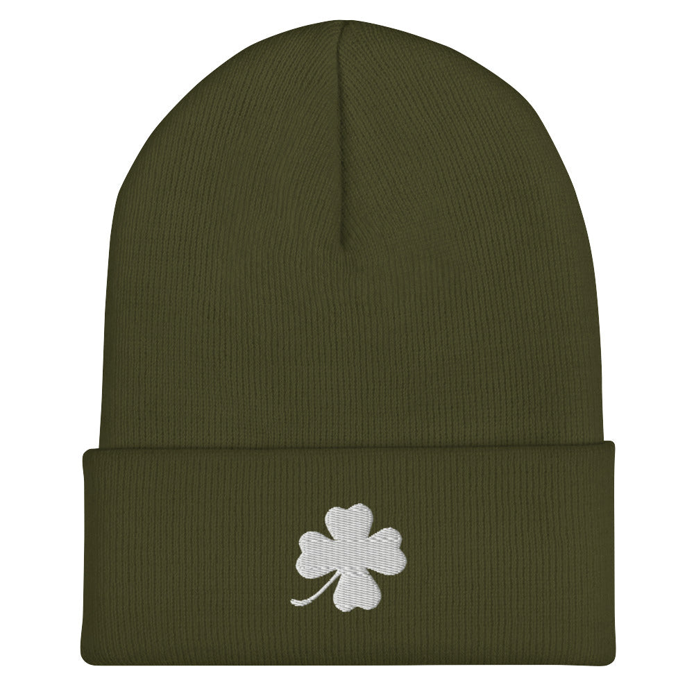 Olive Green four leaf clover beanie - Looking for the perfect green clover beanie? A lucky gift for a friend? Our Four Leaf Clover Beanie is warm, cozy and made just for you. It comes in a variety of colors with a white four leaf clover, expertly embroidered on the front.