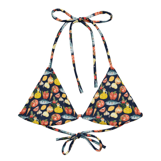 Quirky veggie and fish print bikini top