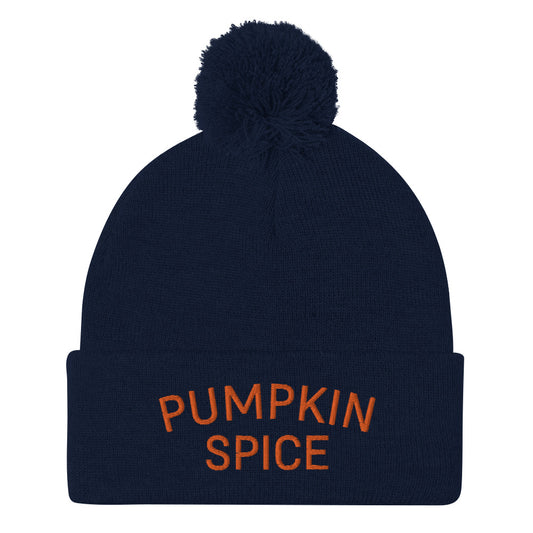 Navy pumpkin spice beanie from Nina's Funky Shop by ninanush - The pumpkin spice Beanie! It's a comfortable unisex beanie with a pom pom, embroidered with the words pumpkin spice. The perfect hat for pumpkin spice lovers and fall enthusiasts. Drink your favorite seasonal beverage and make a statement in this funny foodie beanie or give it as a gift for a pumpkin spice enthusiast.