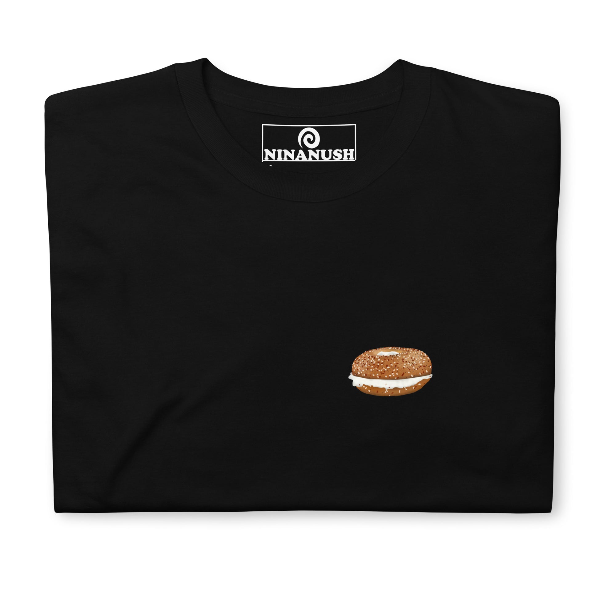 Black everything bagel and cream cheese t-shirt - This funny bagel and raccoon lover t-shirt has a little bagel on the front and a raccoon eating a bagel on the back with the words "destiny." The hand drawn design is totally unique and printed on a classic comfortable t-shirt. Eat bagels in style or give it as a funny gift for raccoon lovers and bagel enthusiasts.