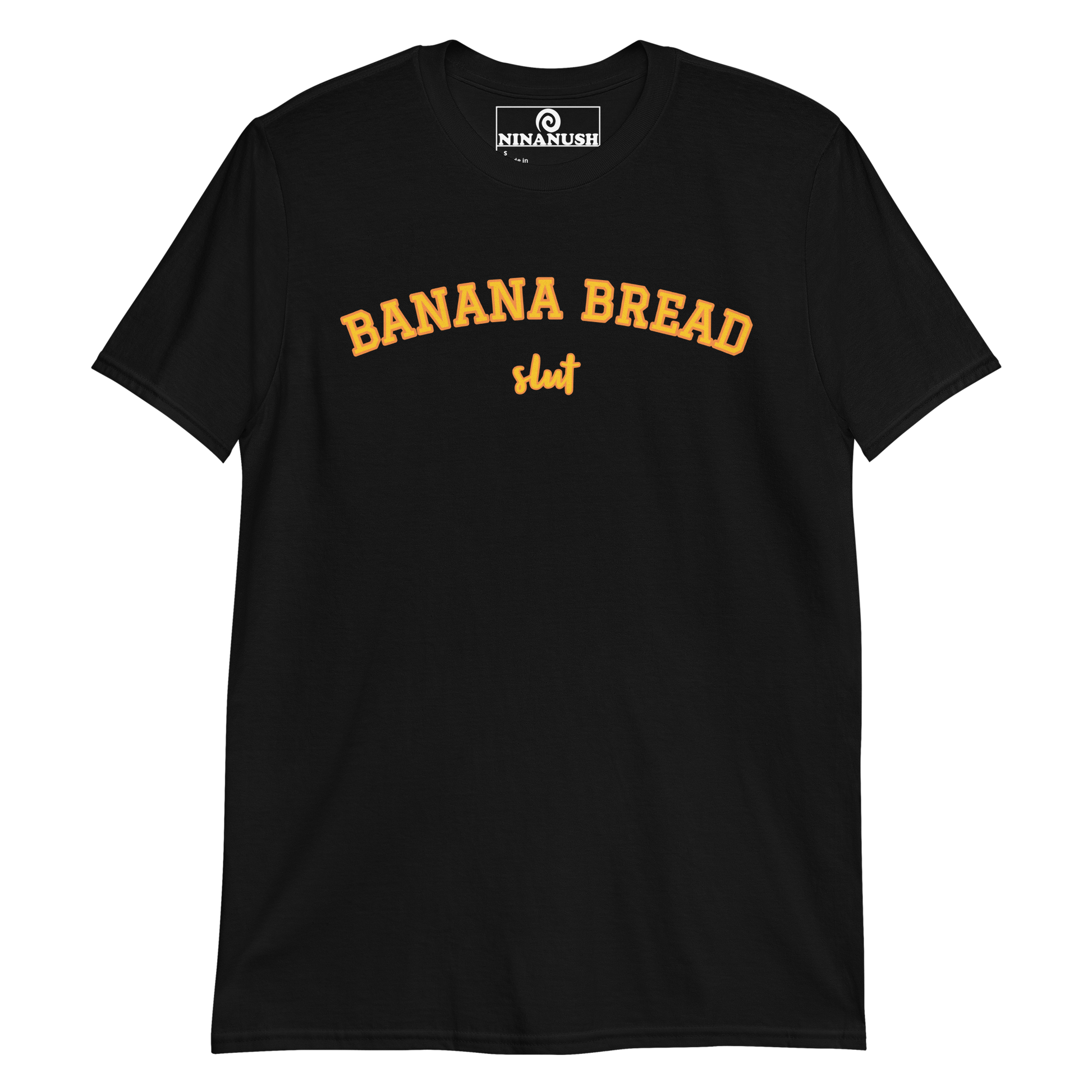 Black t-shirt for banana bread lovers - Slut for banana bread? This banana bread t-shirt was designed just for you! A classic cotton tee with a funny foodie design. Eat bananas and share your passion for banana bread in our sarcastic foodie shirt for banana bread lovers. The banana bread enthusiast shirt makes a great gift for a crazy banana bread aficionado.