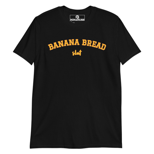 Black t-shirt for banana bread lovers - Slut for banana bread? This banana bread t-shirt was designed just for you! A classic cotton tee with a funny foodie design. Eat bananas and share your passion for banana bread in our sarcastic foodie shirt for banana bread lovers. The banana bread enthusiast shirt makes a great gift for a crazy banana bread aficionado.