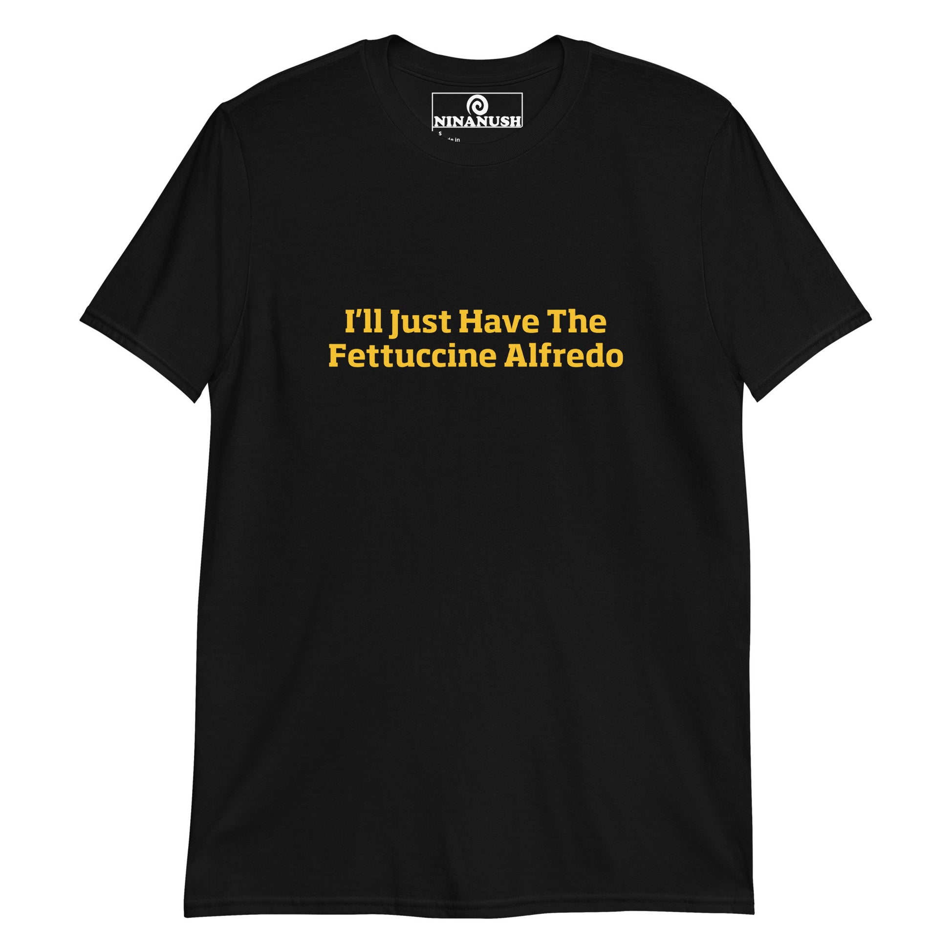 Black fettuccine Alfredo t-shirt from Nina's Funky Shop by ninanush - This Fettuccine Alfredo T-Shirt is soft, comfortable and designed for fettuccine Alfredo enthusiasts. Eat your favorite fettuccine Alfredo in a our funny food tee. Perfect for pasta lovers and foodies of all kinds. Celebrate your favorite food and drinks in our funky foodie apparel, designed by Nina and made just for you.