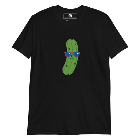 Black USA Pickle T-Shirt - Our Patriotic Pickle T-shirt is soft, comfortable and comes in a variety of colors with a funny pickle design wearing red white and blue sunglasses. The perfect graphic tee for pickle lovers and foodies of all kinds. Stand out in our sarcastic graphic tees and funny foodie apparel. Designed by Nina and made just for you!