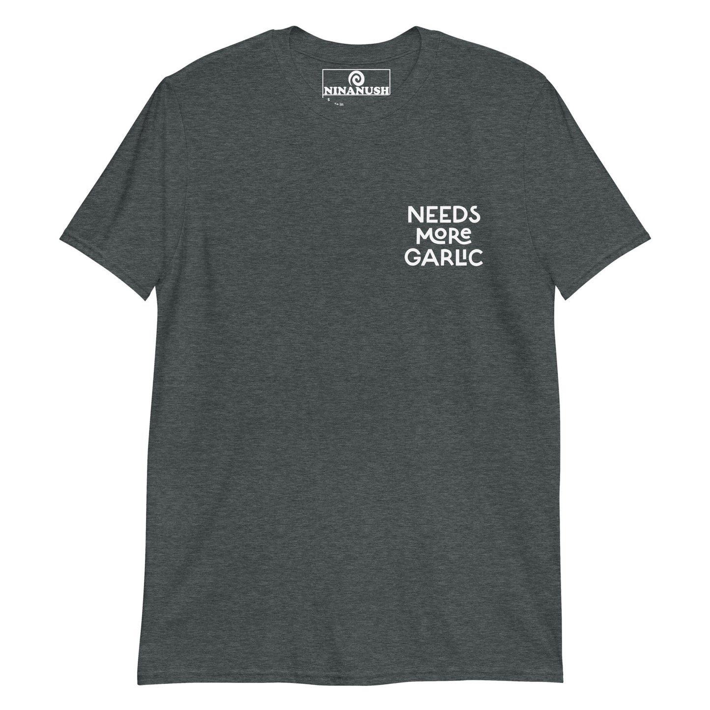 Heather gray needs more garlic t-shirt from Nina's Funky Shop by ninanush - This funky foodie t-shirt is for garlic lovers and foodies of all kinds. It's a cotton shirt with "Needs more garlic" printed on the front. Add a little personality to your style in this garlic enthusiast t-shirt or give it as a funny gift for a quirky tee enthusiast. It's a unique foodie tee made just for you.