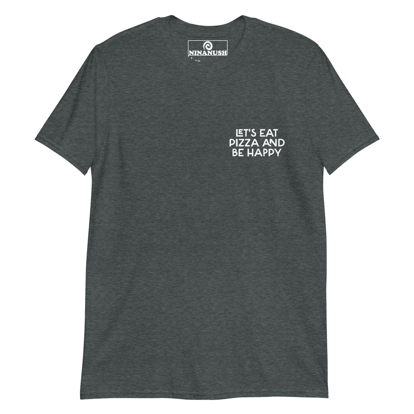 Heather gray  let's eat pizza and be happy saying t-shirt from Nina's Funky Shop by ninanush - This funky foodie t-shirt is the perfect shirt for pizza lovers. It's a classic cotton shirt that's soft and comfortable with the words "Let's eat pizza and be happy" expertly printed on the front. Add a little personality to your style in this pizza enthusiast tee shirt, or give it as a gift for a quirky tee aficionado.
