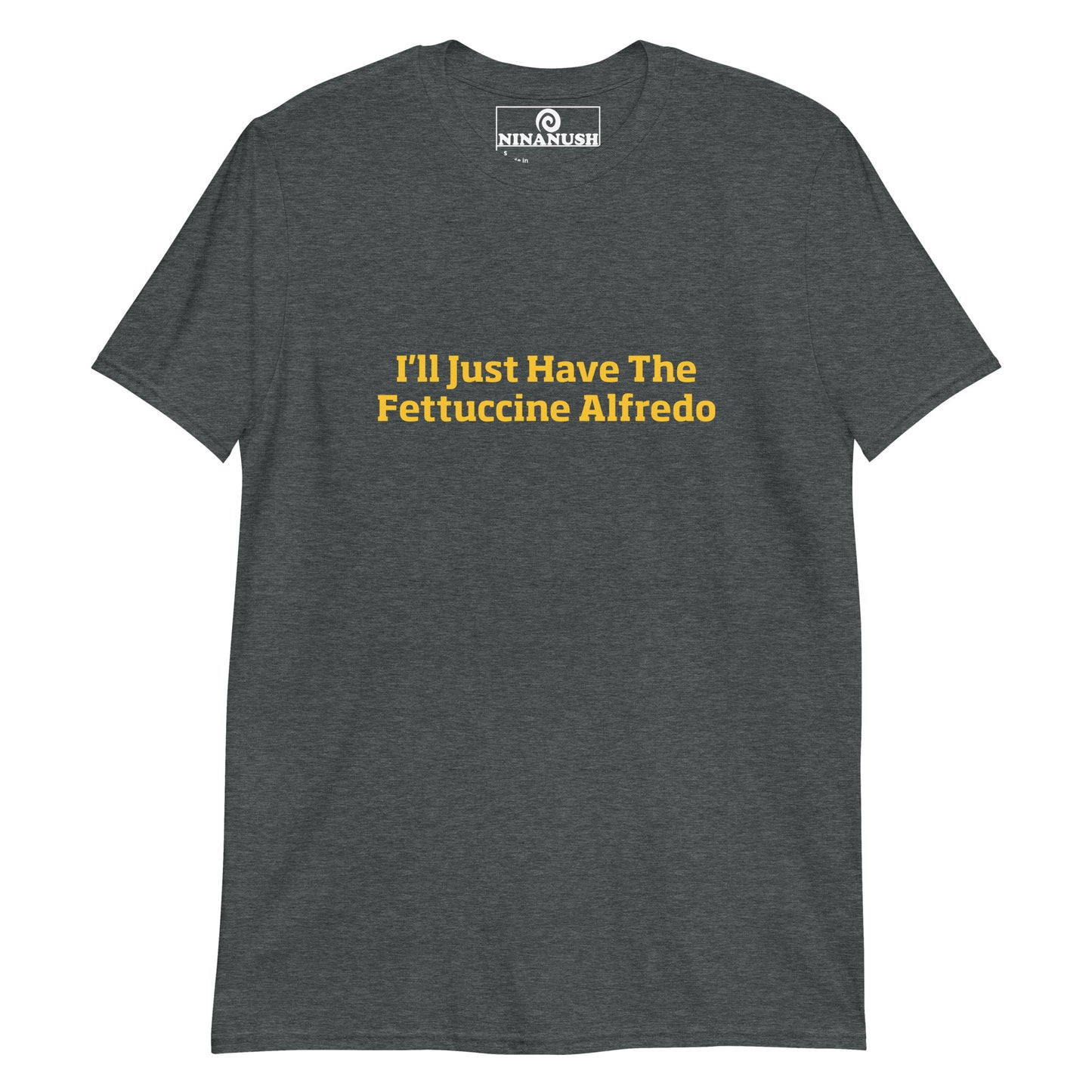 Heather gray fettuccine Alfredo t-shirt from Nina's Funky Shop by ninanush - This Fettuccine Alfredo T-Shirt is soft, comfortable and designed for fettuccine Alfredo enthusiasts. Eat your favorite fettuccine Alfredo in a our funny food tee. Perfect for pasta lovers and foodies of all kinds. Celebrate your favorite food and drinks in our funky foodie apparel, designed by Nina and made just for you.