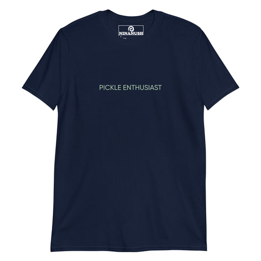 Navy pickle enthusiast - A unique pickles T-Shirt for foodies and pickle enthusiasts. With the words "PICKLE ENTHUSIAST" printed in pickle green on the front, this unusual foodie tee makes a statement. It's a soft, comfortable shirt for passionate pickle aficionados. It's a unique gift for pickle lovers and weird shirt for foodies of all kinds.