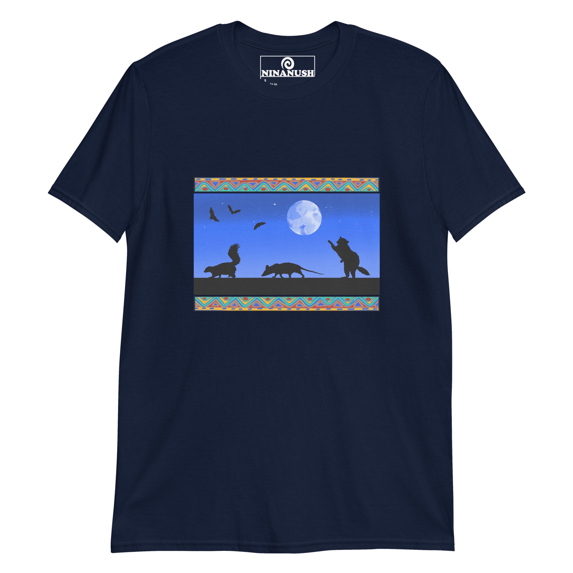 Navy trash cats t-shirt from Nina's Funky Shop by ninanush - A funny graphic tee for animal lovers and quirky shirt enthusiasts of all kinds. It has a unique design of a raccoon, opossum, and skunk with bats flying in the sky. This trash cats shirt is hand drawn by Nina and made just for you. Stand out in this eye catching t-shirt or give it as a funky gift for an animal lover.