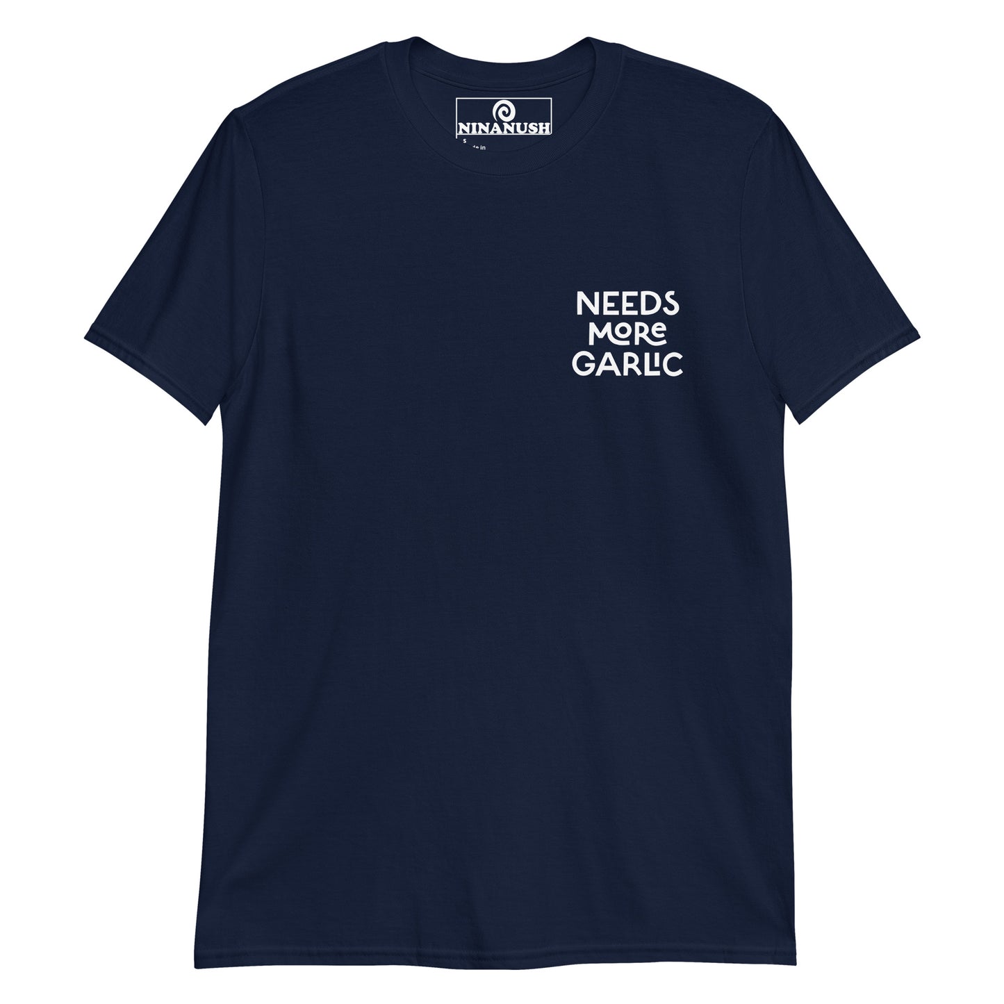 Navy needs more garlic t-shirt from Nina's Funky Shop by ninanush - This funky foodie t-shirt is for garlic lovers and foodies of all kinds. It's a cotton shirt with "Needs more garlic" printed on the front. Add a little personality to your style in this garlic enthusiast t-shirt or give it as a funny gift for a quirky tee enthusiast. It's a unique foodie tee made just for you.