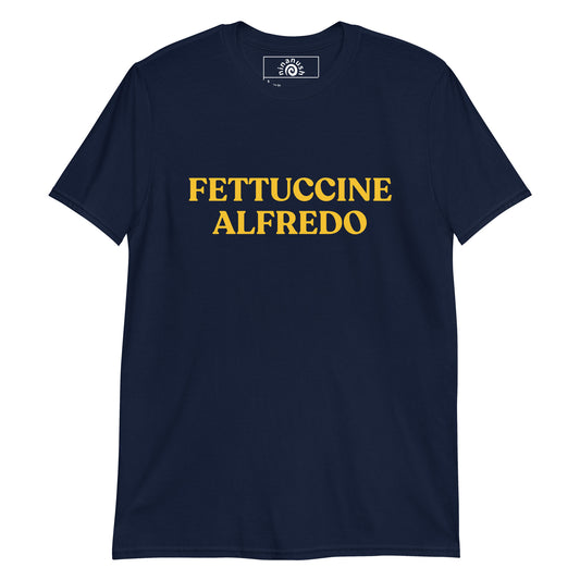 Navy Fettuccine Alfredo Shirt from Nina's Funky Shop by ninanush - This Fettuccine Alfredo Shirt is designed for pasta enthusiasts with "Fettuccine Alfredo", printed in yellow writing. Eat fettuccine Alfredo in a this funny food shirt. It's a perfect weird shirt for pasta lovers and foodies of all kinds. Celebrate your favorite food and drinks in our funky foodie apparel, designed by Nina.