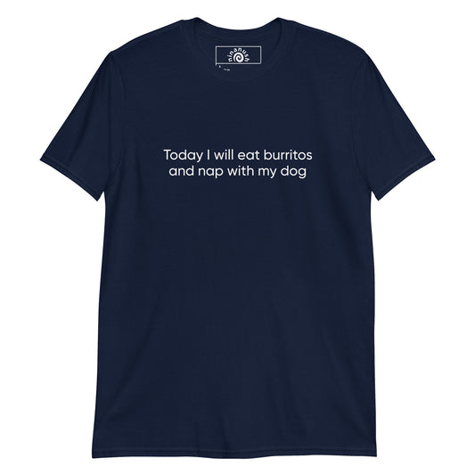 Navy Burritos and Dogs T-shirt from Nina's Funky Shop by ninanush - Do you want to eat burritos and nap with your dog? Looking for a funny gift for a dog lover or burrito aficionado? Our burritos and dogs shirt is just what you need. It's a unisex, crew neck T-shirt with a funny foodie saying, expertly printed on the front. Spend your day right in this unique tee, it's designed by Nina and made just for you. 
