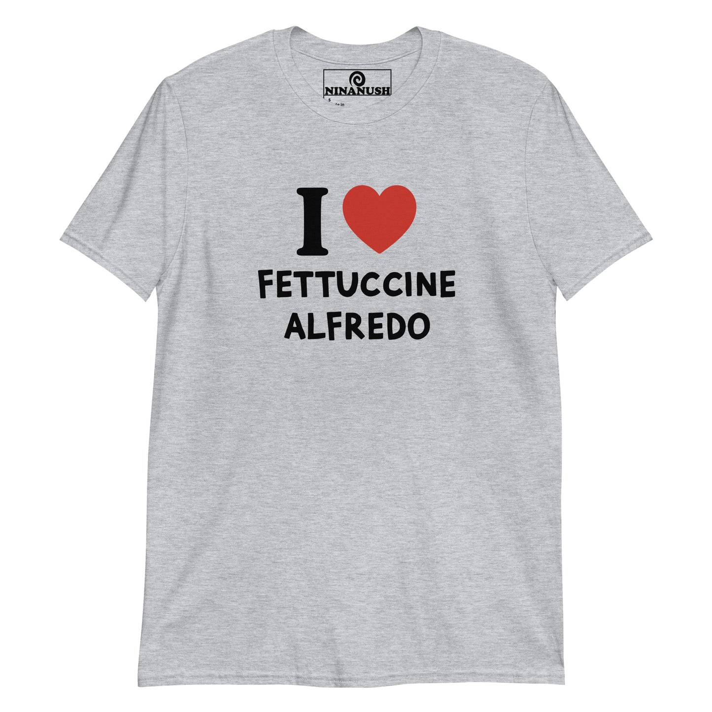 Gray I  heart fettuccine Alfredo t-shirt from Nina's Funky Shop by ninanush - The I love fettuccine Alfredo t-shirt! A classic t-shirt for pasta lovers that stands out and makes a bold statement. Wear this funny foodie shirt and show off your fettuccine passion. It's designed for fettuccine Alfredo enthusiasts and made just for you, or give it as a unique gift for a fettuccine Alfredo lover.