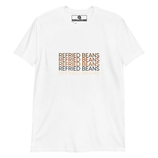 White refried beans t-shirt - Eat your favorite refried beans in style with this statement t-shirt for bean enthusiasts and foodies of all kinds. It's a classic cotton t-shirt with the words "refried beans" printed on the front in shades of brown. If you're a passionate refried bean aficionado, this funny foodie shirt is just what you need.