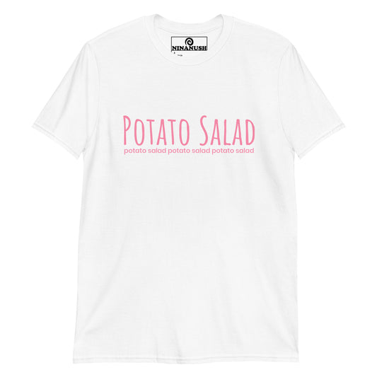 White potato salad t-shirt from Nina's Funky Shop by ninanush - The "Potato Salad T-Shirt." This funny food shirt is designed for the potato salad lover in you. Now you can eat your favorite potato salad in style with this unique foodie graphic tee. This cotton shirt is soft and comfortable with an eye catching pink design. The perfect gift for a potato salad enthusiast and foodies of all kinds.