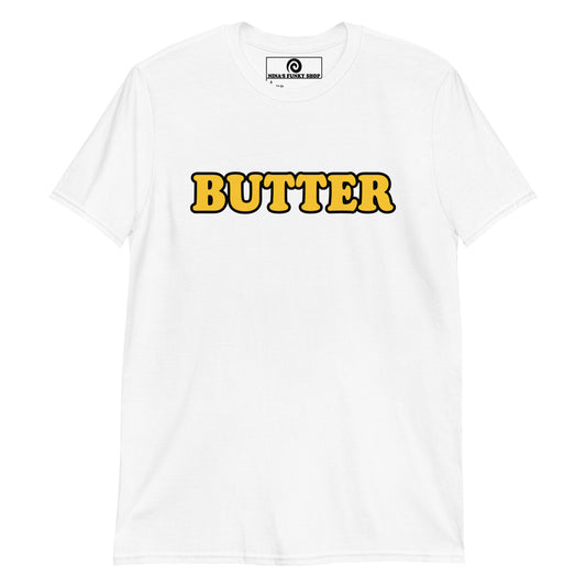 White Butter Shirt - Are you a butter enthusiast? Looking for a gift for a butter lover? This butter t-shirt is just what you need for everyday streetwear. It's a classic cotton shirt with a funny food design, expertly printed on the front. Eat your favorite foods and let your t-shirt do the talking. Looking for something personalized? Shoot us an email!