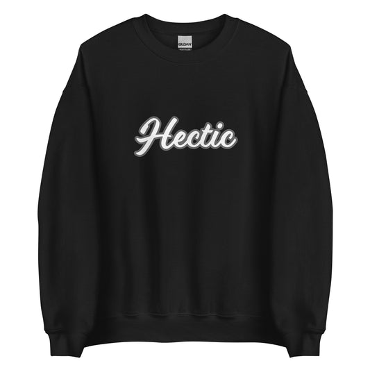 Black hectic sweatshirt from Nina's Funky Shop by ninanush - Hectic ✨ This hectic sweatshirt is a classic crew neck sweatshirt that's soft and comfortable. Perfect for cozy nights, unique streetwear or a funny gift for a chaotic friend, this funny sweatshirt is a must-have. Stay weird and live your best life in this hectic sweatshirt, designed by Nina and made just for you.