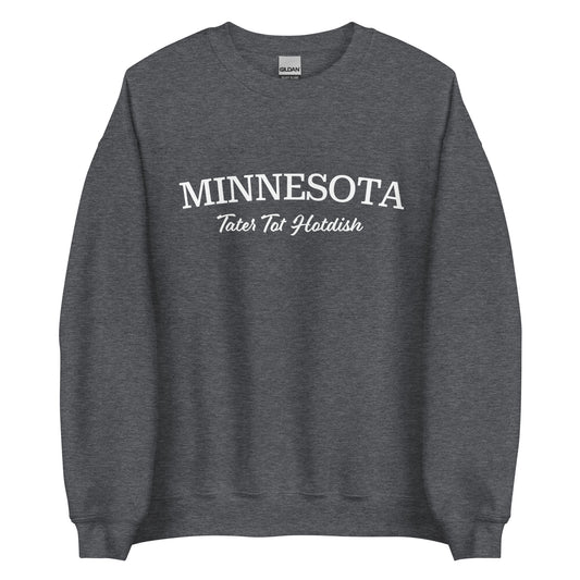 Gray Minnesota state food sweatshirt from Nina's Funky Shop by ninanush - Love Tater Tot Hotdish? Looking for a funny Minnesota gift? Introducing our Minnesota Tater Tot Hotdish Sweatshirt! It's a Midwestern foodie sweatshirt with "Minnesota" and the unofficial MN state food "Tater Tot Hotdish" on the front. Perfect for cozy nights in or a statement sweatshirt for tater tot hotdish lovers. 