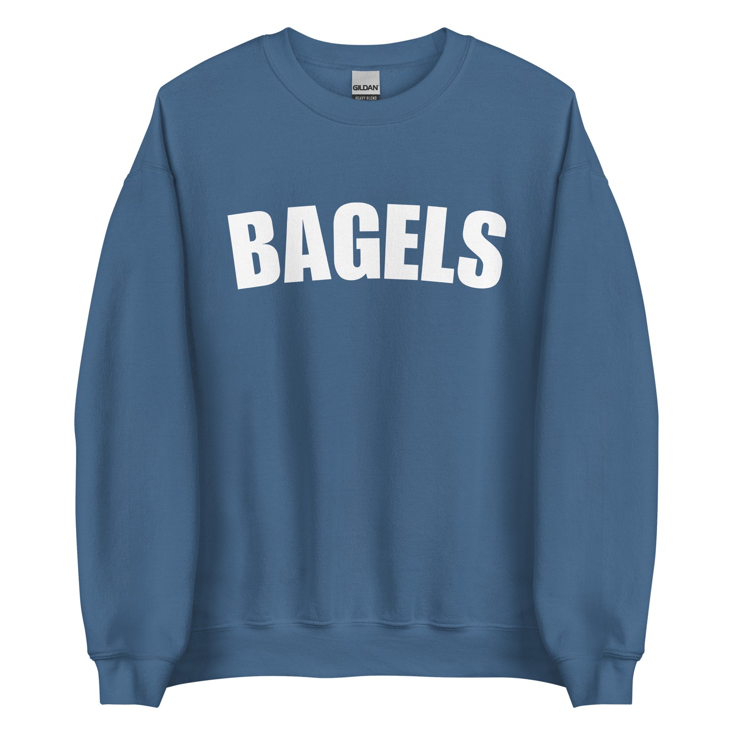 Indigo blue college style bagels sweatshirt from Nina's Funky Shop by ninanush - Our Bagels Sweatshirt is soft, comfortable and a perfect foodie sweatshirt for bagel lovers. It's a unisex, classic crew neck sweatshirt that comes in a variety of colors with the word "Bagel", expertly printed on the front. Perfect for cozy nights in or stand out streetwear for foodies, this sweatshirt is designed by Nina and made just for you. 