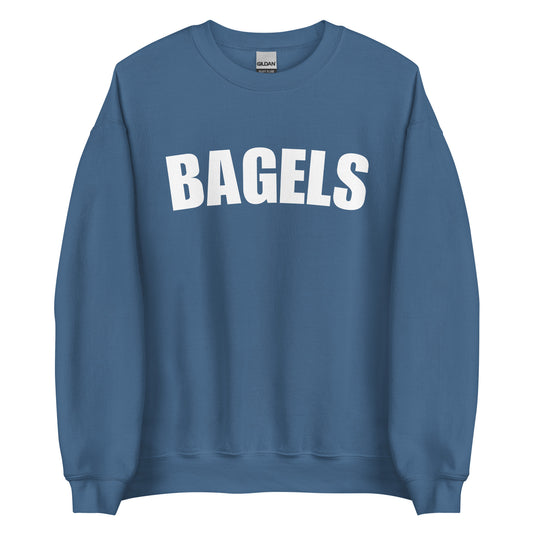 Indigo blue college style bagels sweatshirt from Nina's Funky Shop by ninanush - Our Bagels Sweatshirt is soft, comfortable and a perfect foodie sweatshirt for bagel lovers. It's a unisex, classic crew neck sweatshirt that comes in a variety of colors with the word "Bagel", expertly printed on the front. Perfect for cozy nights in or stand out streetwear for foodies, this sweatshirt is designed by Nina and made just for you. 