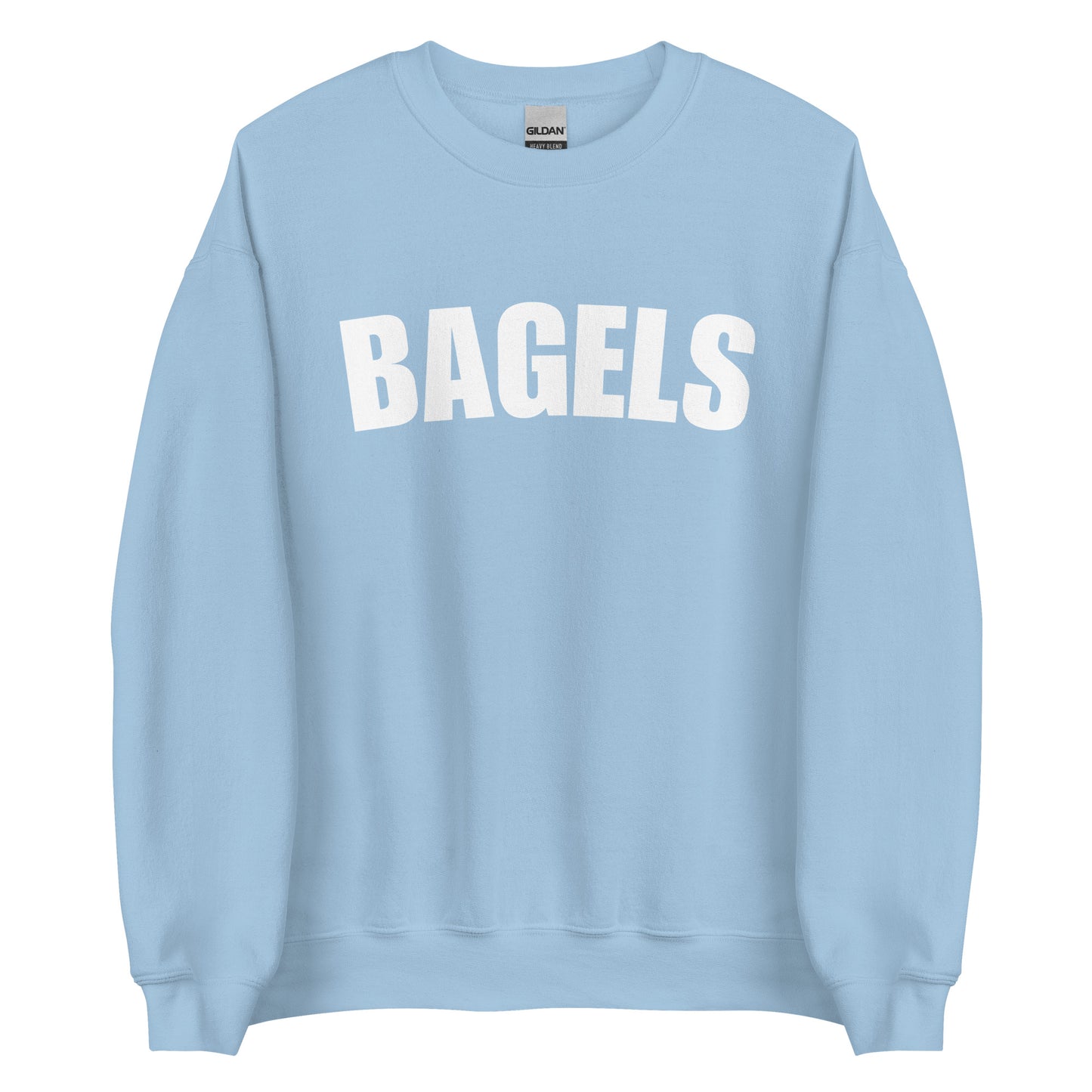 Light blue college style bagels sweatshirt from Nina's Funky Shop by ninanush - Our Bagels Sweatshirt is soft, comfortable and a perfect foodie sweatshirt for bagel lovers. It's a unisex, classic crew neck sweatshirt that comes in a variety of colors with the word "Bagel", expertly printed on the front. Perfect for cozy nights in or stand out streetwear for foodies, this sweatshirt is designed by Nina and made just for you.