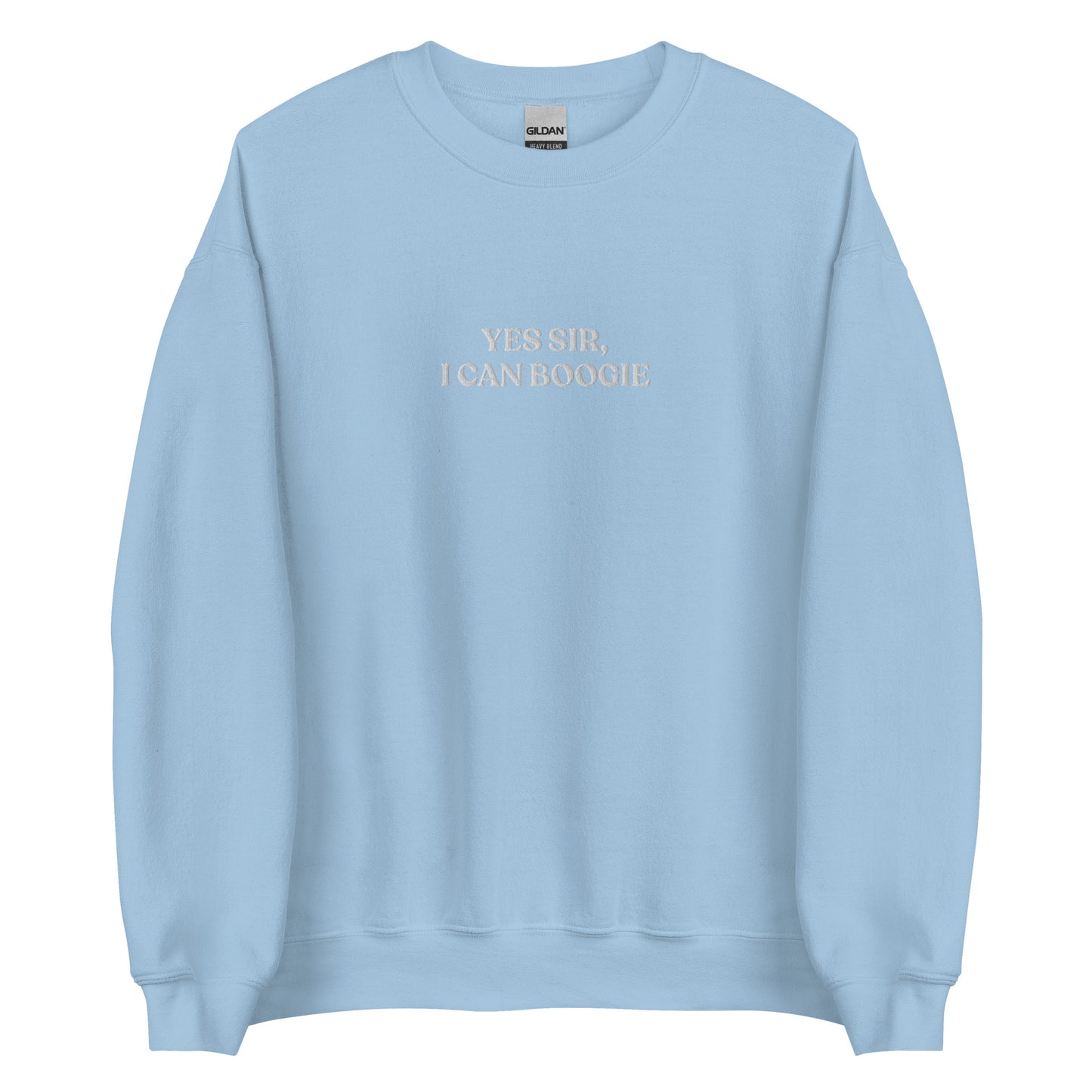 Light Blue Yes Sir, I Can Boogie Sweatshirt from Nina's Funky Shop by ninanush - Love to boogie? Looking for a funny gift for a dancer or a disco lover? Our Yes Sir, I Can Boogie Sweatshirt is soft, comfortable and just what you need. It's a unisex Crewneck sweatshirt that comes in a variety of colors with "Yes Sir, I Can Boogie", expertly embroidered in the front center. A funny disco lover sweatshirt or quirky streetwear for everyday.