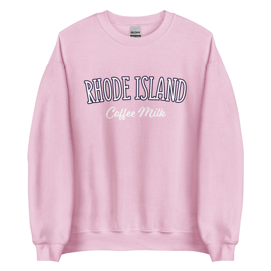 Light Pink Rhode Island Coffee Milk Sweatshirt from Nina's Funky Shop by ninanush - Love coffee milk? Looking for a fun Rhode Island Gift? Introducing our Rhode Island Coffee Milk Sweatshirt! It's a fun sweatshirt for coffee milk lovers with the words "Rhode Island Coffee Milk" on the front. The perfect Rhode Island sweatshirt for cozy nights in or stand out streetwear for New England foodies.