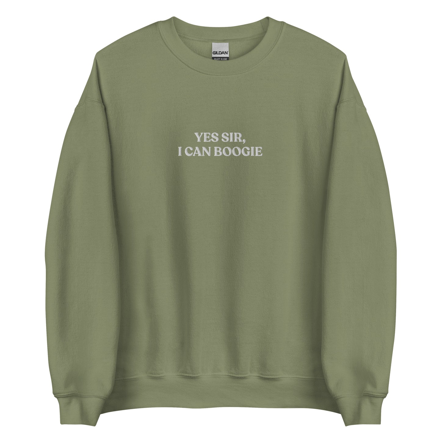 Army Green Yes Sir, I Can Boogie Sweatshirt from Nina's Funky Shop by ninanush - Love to boogie? Looking for a funny gift for a dancer or a disco lover? Our Yes Sir, I Can Boogie Sweatshirt is soft, comfortable and just what you need. It's a unisex Crewneck sweatshirt that comes in a variety of colors with "Yes Sir, I Can Boogie", expertly embroidered in the front center. A funny disco lover sweatshirt or quirky streetwear for everyday.