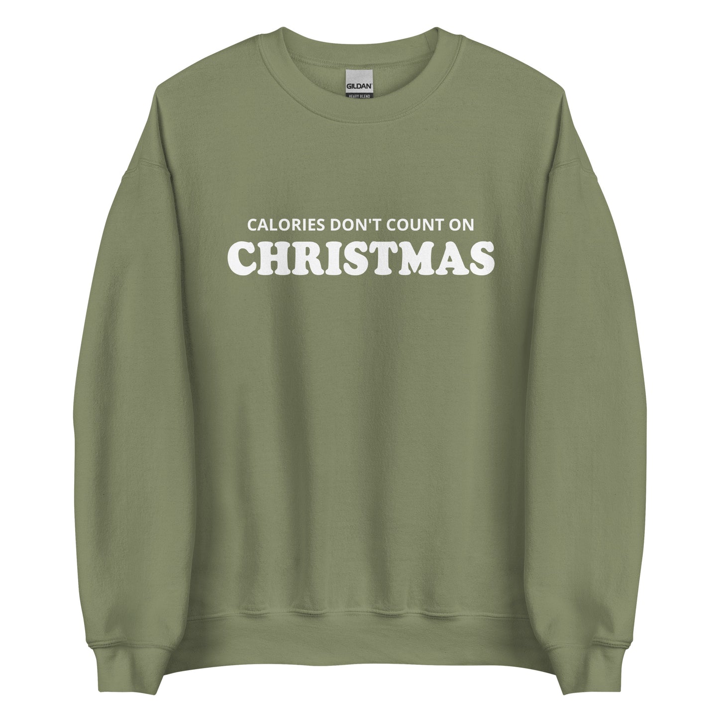 Army Green Calories Don't Count On Christmas Sweatshirt from Nina's Funky Shop by ninanush - Looking for a funny Christmas sweatshirt? A holiday gift for a foodie friend? Our Calories Don't Count On Christmas Sweatshirt is soft, comfortable and made just for you. It comes in a variety of colors with "Calories Don't Count On Christmas", expertly printed on the front. Celebrate your favorite Christmas Food in style.