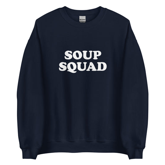 Navy Soup Squad Crewneck Sweatshirt from Nina's Funky Shop by ninanush - Do you love soup? Looking for a funny gift? Our Soup Squad Crewneck Sweatshirt is soft, comfortable and just what you need. It's a unisex sweatshirt that comes in a variety of colors with "Soup Squad", expertly printed on the front. A unique and funny sweatshirt for cozy nights in or stand out Soup Lover streetwear.